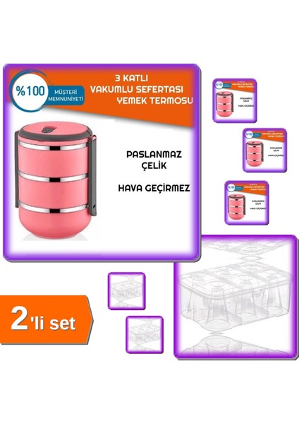 Pembe Sefer Tası Yemek Termosu 3lü + Su Bardağı Taşıma Kutusu 6 Bardak Kapasiteli - 2li Set P8S1H1