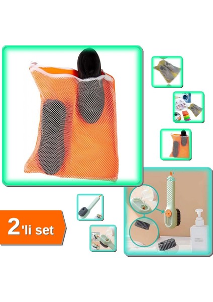 Fermuarlı Çamaşır Ayakkabı Filesi 36X36 cm + Deterjan Hazneli Süet Bot Temizleme Fırçası - 2li Set