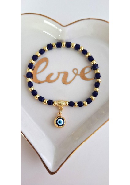 Hediyelik Kristal Taşlı Nazar Boncuklu Bileklik - Lacivert