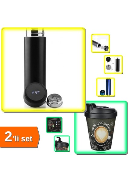 Dijital Sıcaklık Göstergeli Renkli Çelik Termos 500 ml + Kahve Bardağı Termoslu 400 ml - 2li Set H6C