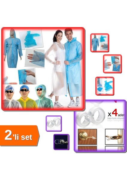 5 Adet Tek Kullanımlık Çıtçıtlı Naylon Yağmurluk + 4 Adet Silikon Kapı Kolu Stoperi - 2li Set T9R5D4