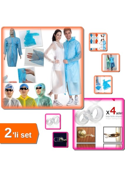 Tek Kullanımlık Çıtçıtlı Yağmurluk + 4 Adet Kapı Kolu Stoperi Tamponu - 2li Set F9C1W9