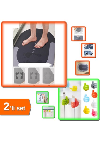 Sihirli Su Emici Kaydırmaz Banyo Paspası + 10 Adet Renkli Ok Işareti Kablo Sabitleyici 2li Set B6T8