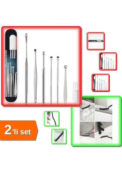 Spiral Kulak Temizleme Paslanmaz Çelik Set + Kavisli Ince Kıl Fırça Detaylı Temizlik - 2li Set H4Z1B