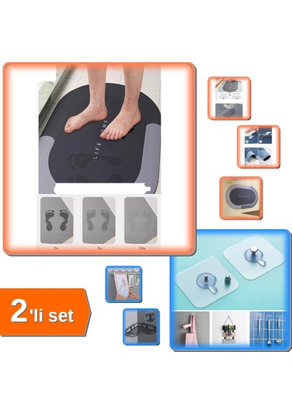 Sihirli Su Emici Kaydırmaz Paspas + 3 Adet Yapışkanlı Banyo Raf Tutucu Askı Pin - 2li Set M9B3J7
