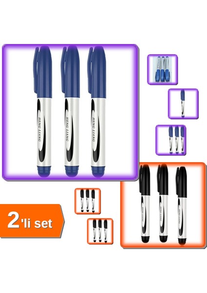3 Adet Mavi Koli Kalemi + 3 Adet Siyah Koli Kalemi - 2li Set C2T5E6