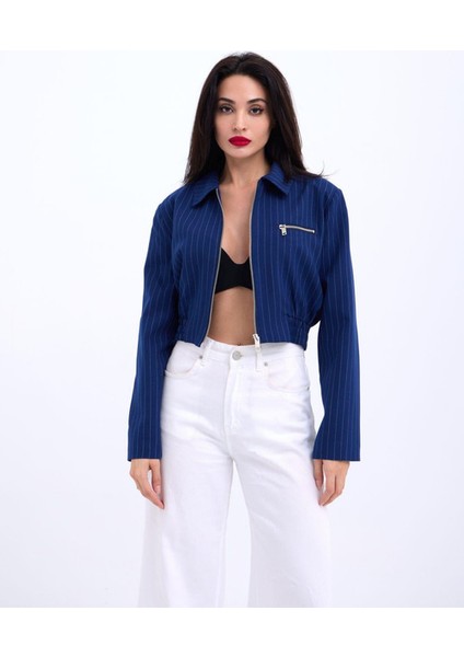 Lacivert Çizgili Crop Ceket
