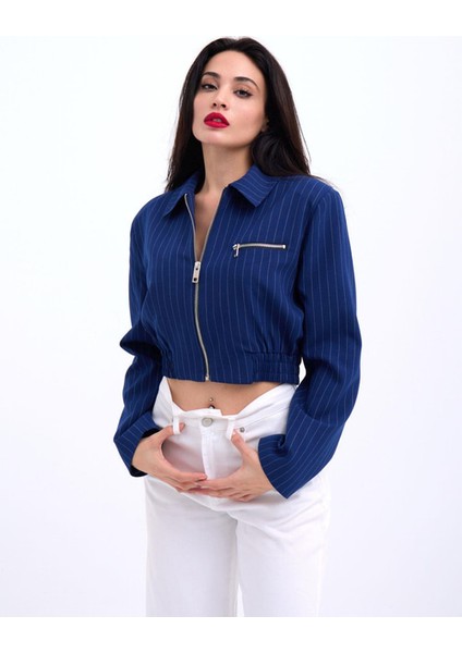 Lacivert Çizgili Crop Ceket fiyatları