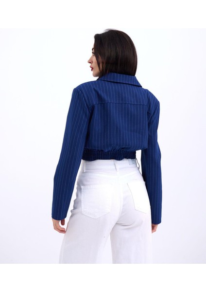 Lacivert Çizgili Crop Ceket indirimleri