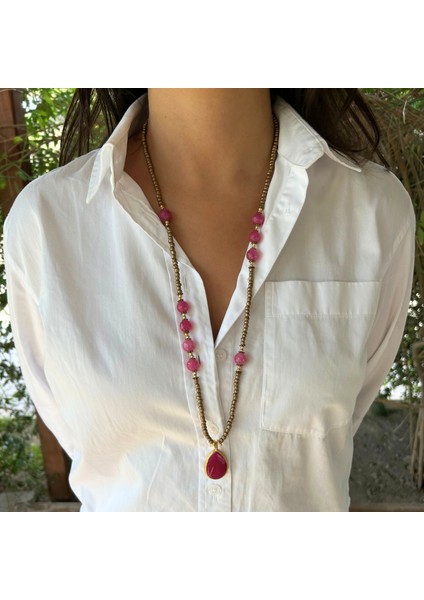 Pembe Kuvars Doğal Taş El Yapımı Özel Tasarım Pembe Kuvars Doğaltaş Kolye Uçlu Uzun Kadın Kolye