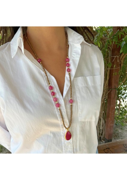 Pembe Kuvars Doğal Taş El Yapımı Özel Tasarım Pembe Kuvars Doğaltaş Kolye Uçlu Uzun Kadın Kolye fiyatları