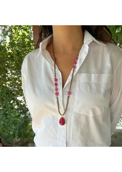 Pembe Kuvars Doğal Taş El Yapımı Özel Tasarım Pembe Kuvars Doğaltaş Kolye Uçlu Uzun Kadın Kolye modelleri