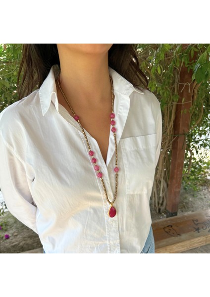 Pembe Kuvars Doğal Taş El Yapımı Özel Tasarım Pembe Kuvars Doğaltaş Kolye Uçlu Uzun Kadın Kolye fırsatları