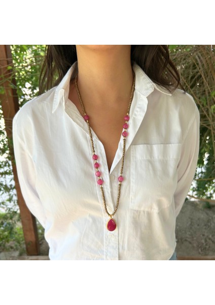 Pembe Kuvars Doğal Taş El Yapımı Özel Tasarım Pembe Kuvars Doğaltaş Kolye Uçlu Uzun Kadın Kolye indirimleri