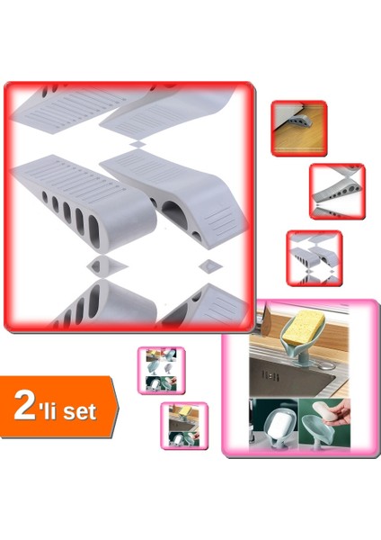 Vantuzlu Su Giderli Drenaj Katı Sabunluk Süngerlik + 2 Adet Gri Kapı Altı Stoperi - 2li Set T7E9B9