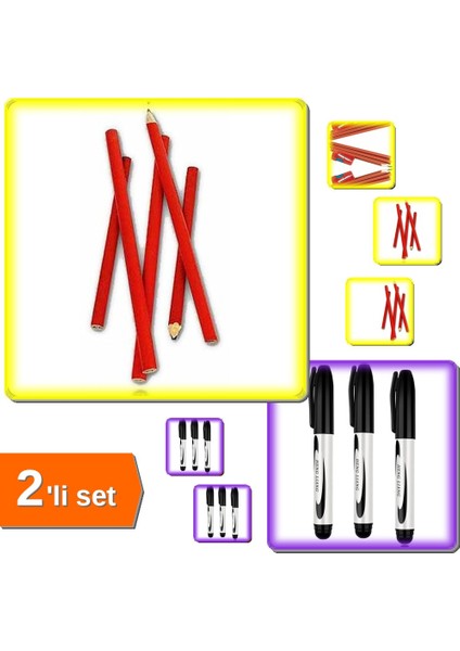 Kırmızı Marangoz Kalemi 12 Adet + Siyah Koli Çuval Tahta Kalemi 3 Adet - 2li Set H4X3B5