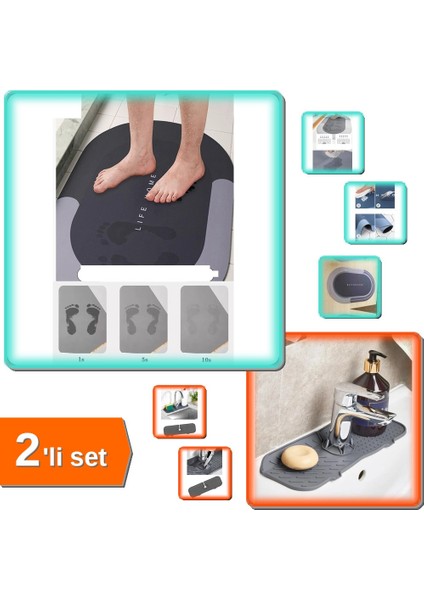 Sihirli Su Emici Kaydırmaz Banyo Paspası + Esnek Musluk Lavabo Matı Su Tutucu - 2li Set D7M0G7