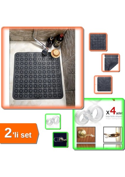 Kare Vantuzlu Kaydırmaz Masajlı Tırtıklı Silikon Banyo Paspası + Kapı Kolu Stoperi 4 Adet - 2li Set