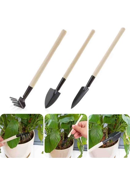 Mini Ahşap Saplı Saksı Çiçek Bahçe Bitki Hobi Seti 3 Parça