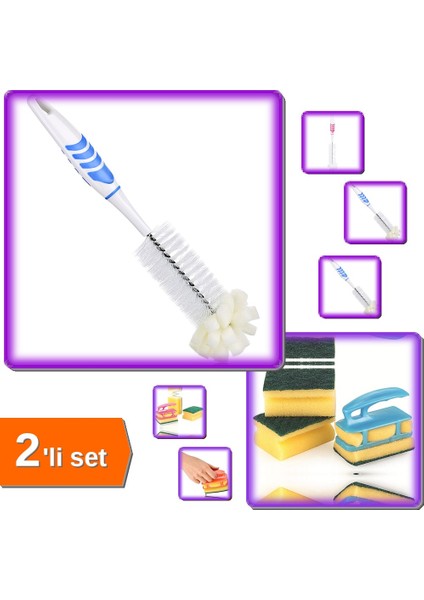 Pratik Şişe Temizleme Fırçası + Süngermatik 3 Adet Bulaşık Süngeri - 2li Set U2C0V2