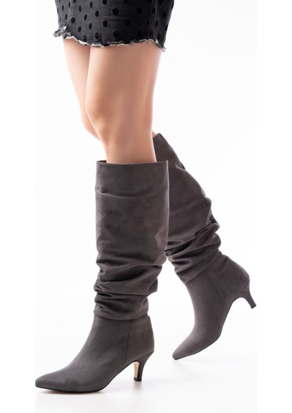 ZRİN-2001 Gri Süet Kroko Ince Topuklu Körüklü Premium Kadın Çizme modelleri