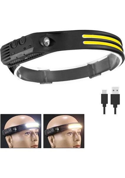 Sensörlü Far Cob LED Far Şarj Edilebilir Kafa Feneri 18650 Dahili Pil Açık Hava Balıkçılık Kamp Baş Feneri Fener (5224) AZ-522489GTA16548