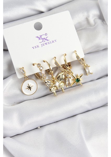 Pirinç Zİrkon Taşlı Kelebek ve Yıldız Model Gold Renk 3'lü Çift Kadın Küpe - TJ-BKP10959 fiyatları