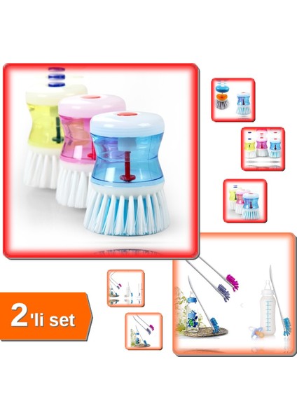 Deterjan Hazneli Bulaşık Fırçası + Biberon ve Şişe Temizleme Fırçası - 2li Set L2W9N0