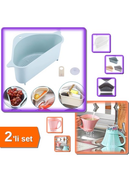 Süzgeçli Köşe Kenar Lavabo Süzgeci + Sürahi Şeklinde Pirinç Yıkama Süzgeci - 2li Set P6M0E4