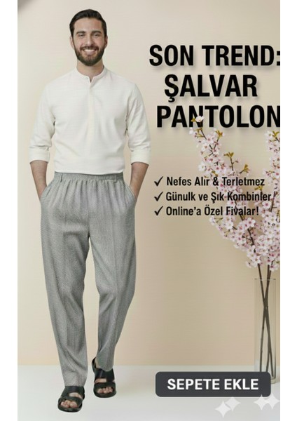 Online Hacı ve Umre Için Günlükte Şık Kesim Rahat Kalıp Erkek Şalvar Pantolon Desenli Gri - L