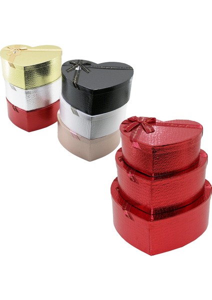 3pcs Kalp Parlak Mix Renkli - Kabartma Desen Karton Hediye Kutusu Kurdelalı 31X28-27X24-23X20CM (