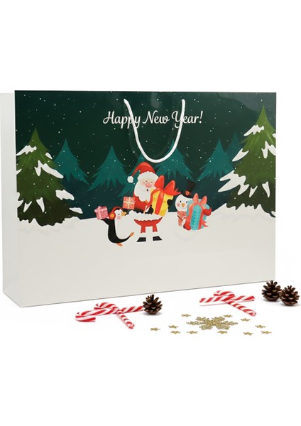 Yılbaşı Temalı Karton Poşet 54x38 cm Mutlu Yıllar Tasarımı 1 Adet