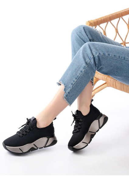 ZRİN-400 Premium Siyah Bağcıklı Triko Renkli Taban Kadın Sneaker fiyatları