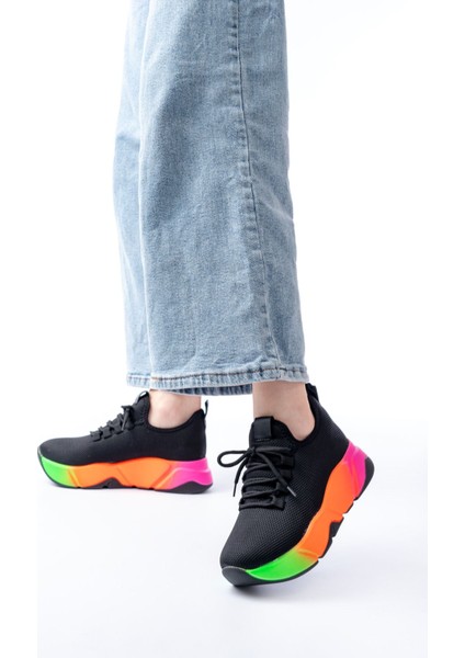 ZRİN-400 Premium Siyah Renkli Bağcıklı Triko Renkli Taban Kadın Sneaker fiyatları