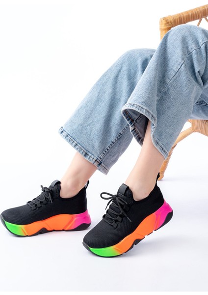 ZRİN-400 Premium Siyah Renkli Bağcıklı Triko Renkli Taban Kadın Sneaker modelleri