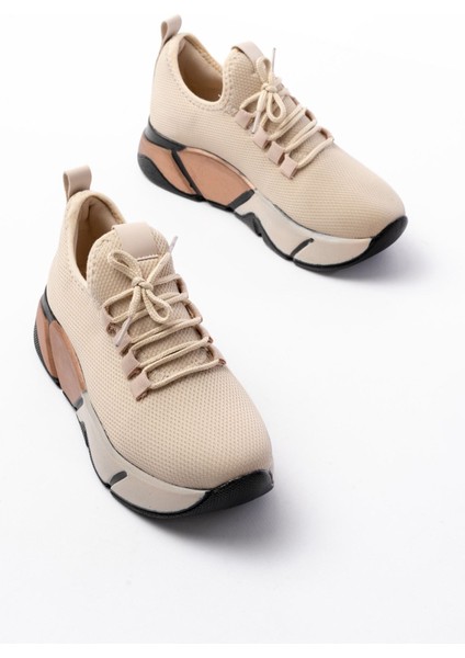 ZRİN-400 Premium Bej Bağcıklı Triko Renkli Taban Kadın Sneaker