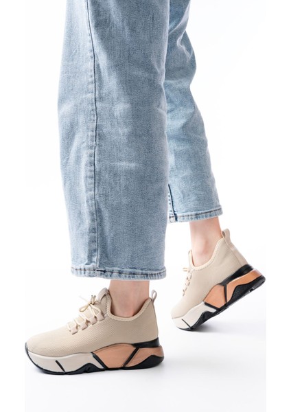 ZRİN-400 Premium Bej Bağcıklı Triko Renkli Taban Kadın Sneaker fiyatları