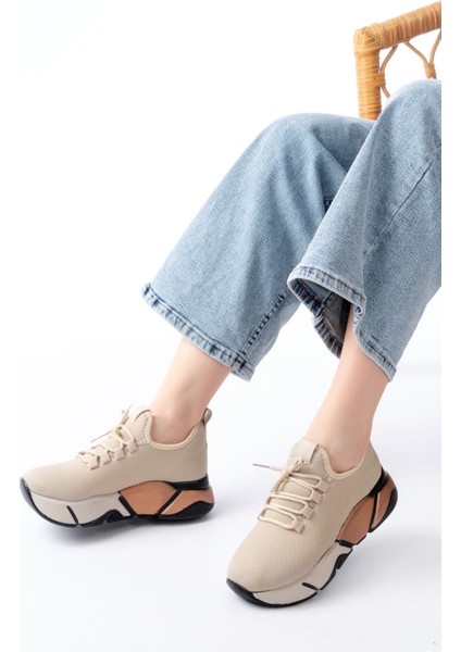 ZRİN-400 Premium Bej Bağcıklı Triko Renkli Taban Kadın Sneaker modelleri