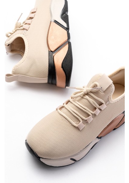 ZRİN-400 Premium Bej Bağcıklı Triko Renkli Taban Kadın Sneaker fırsatları