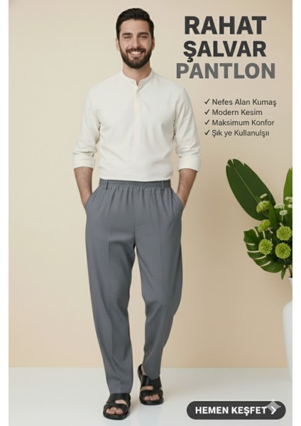 Online Hacı ve Umre Için Günlükte Şık Kesim Rahat Kalıp Erkek Şalvar Pantolon Füme - S