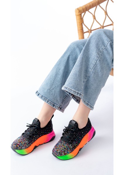 ZRİN-403 Premium Siyah Turuncu Bağcıklı Fileli Multi Taşlı Kadın Sneaker modelleri
