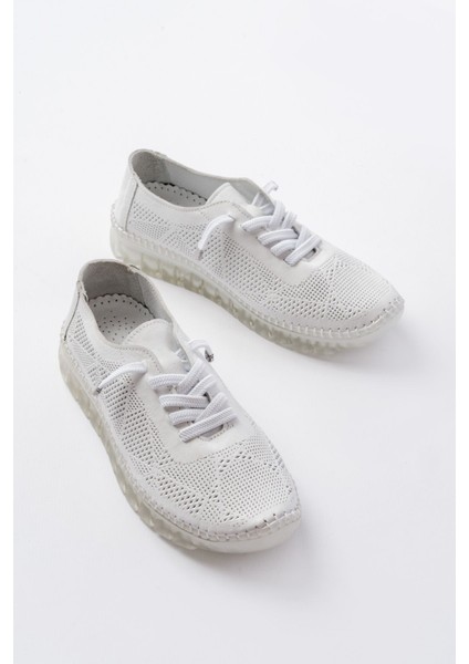 ZRİN-365 Beyaz Desenli Hakiki Deri Tam Ortopedik Comfort Spor Babet