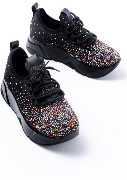 ZRİN-403 Premium Siyah Bağcıklı Fileli Multi Taşlı Kadın Sneaker