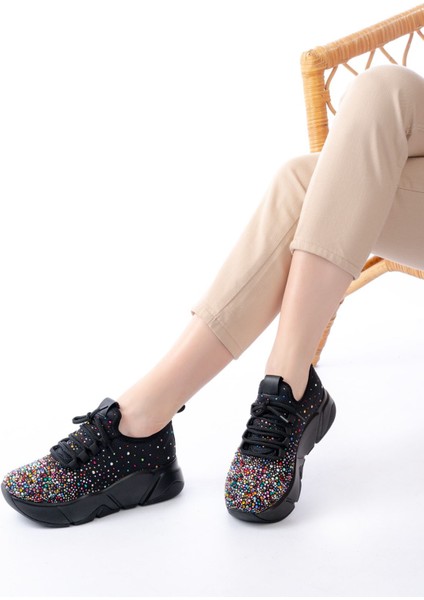 ZRİN-403 Premium Siyah Bağcıklı Fileli Multi Taşlı Kadın Sneaker fiyatları