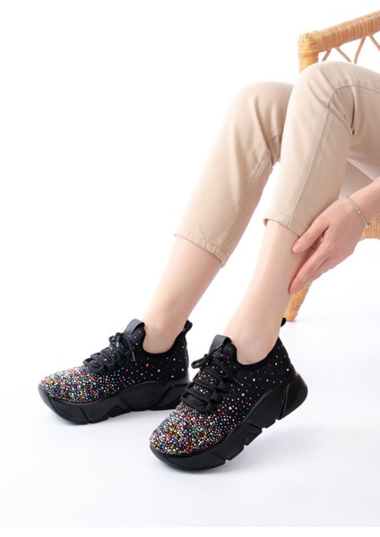 ZRİN-403 Premium Siyah Bağcıklı Fileli Multi Taşlı Kadın Sneaker modelleri