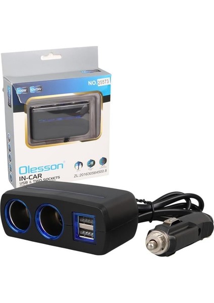 Olesson 1638 12-24V Çift USB Girişli 120W 80 cm Kablolu 2'lı Araç Çakmak Çoklayıcı