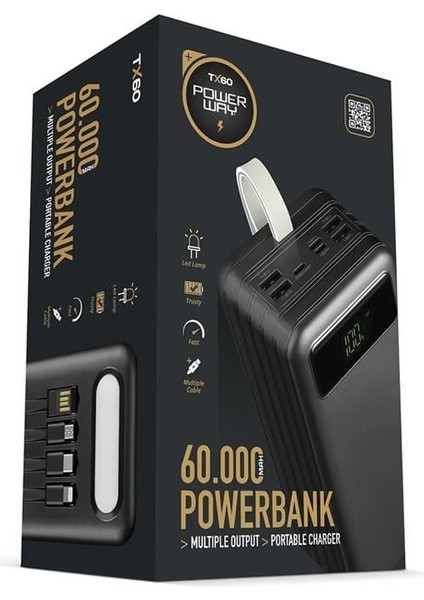 Powerway TX60 Siyah 60000 Mah Çoklu Çıkış Dijital Göstergeli Ekstra Kablolu Powerbank modelleri