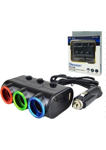 Olesson 1523 12-24V Çift USB Girişli 120W 80CM Kablolu 3'lü Araç Çakmak Çoklayıcı