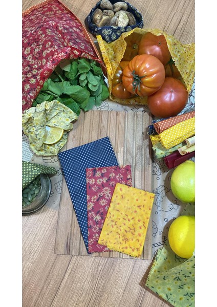 3'lü Karışık Desen Kumaş Tekrar Kullanılabilen Doğal Balmumlu (Balmumu) Gıda Saklama Bezi