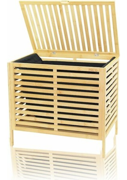 Kalın Ahşap Bambu Kirli Çamaşır Sepeti Siyah Kumaş Çantalı Sepet=50x38x55cm (4915)